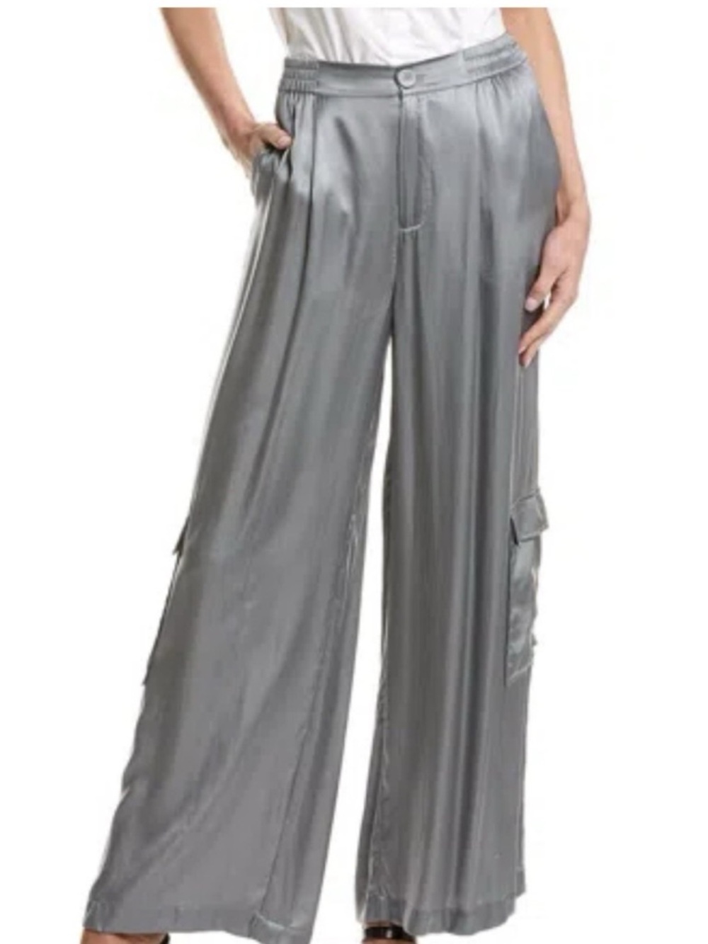 Wide-Leg Satin Cargo Pants in Gray